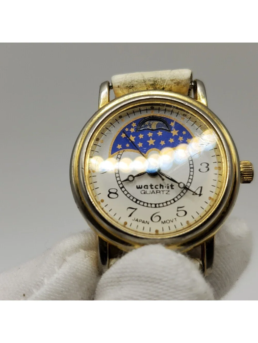 Vintage Watch-it Nelsonic Moon Phase Womens Watch Gold Tone 24mm New Battery